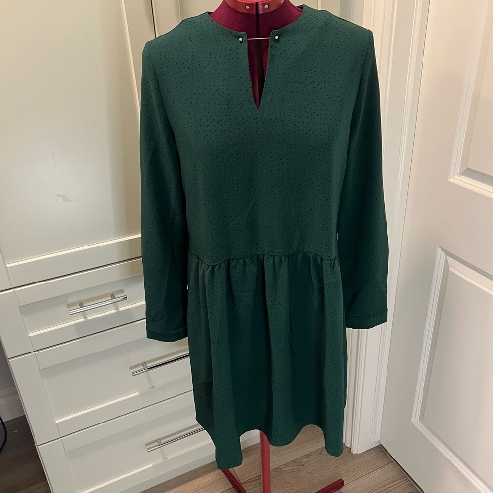 FRNCH Green w/ Polka Dot Med Long Sleeved Dress | Bar Neckline | Button Back